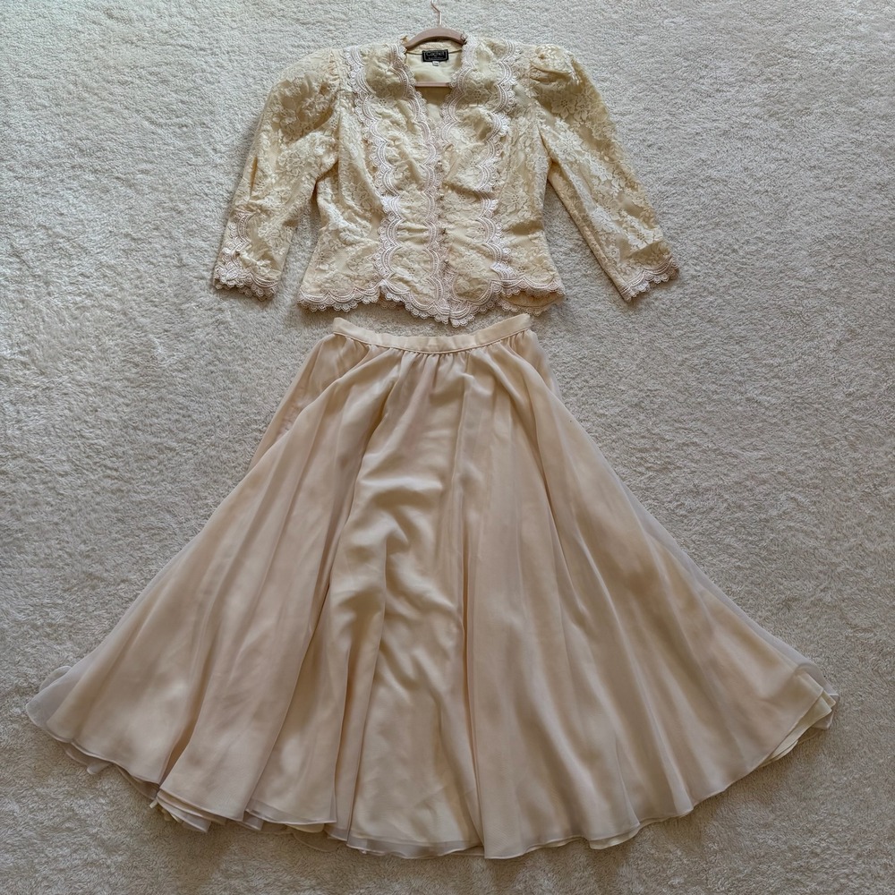 Cachet by Bari Protas Skirt Set 11/12 Cream Lace Chiffon 80s Vintage Formal 2pc